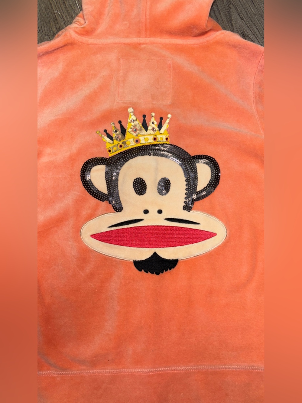 Paul Frank Coral-Orange Velour Zip Hoodie with Monkey Pull